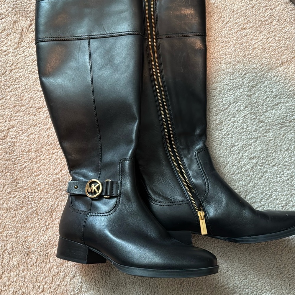 Michael Kors Black Leather Heeled Boots with Gold Accents